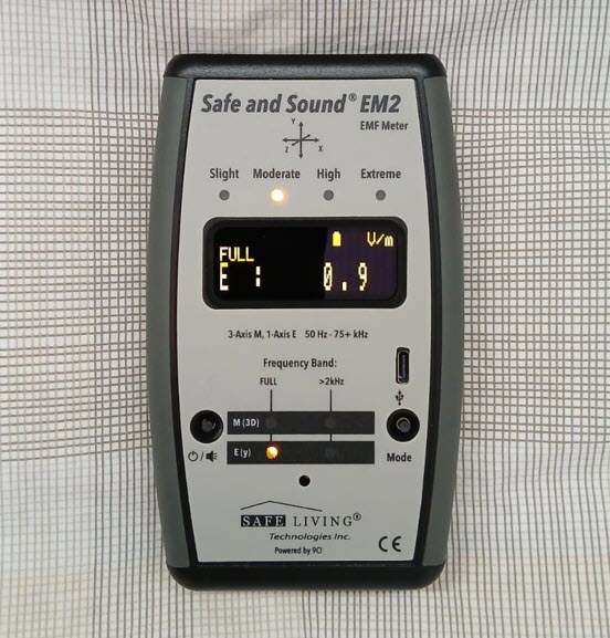 Safe and Sound EM2 EMF Meter measuring low AC electric field for quality sleep